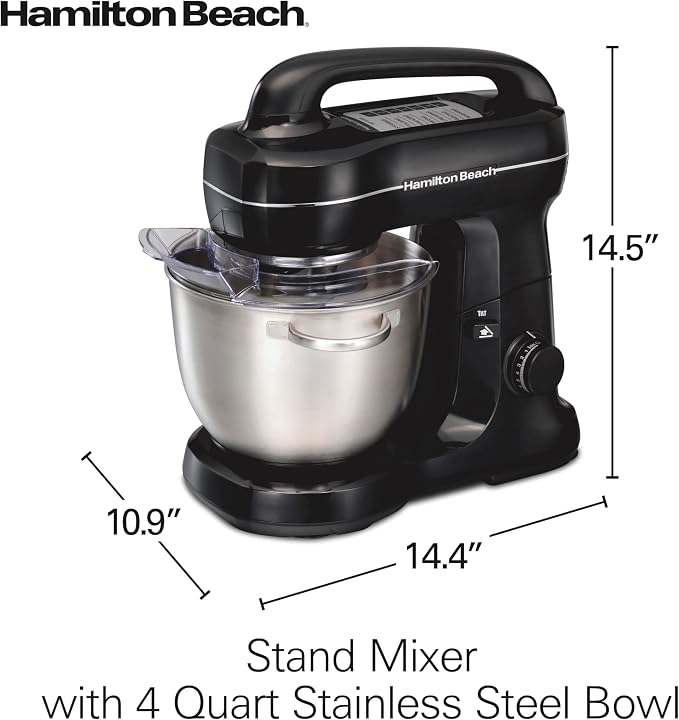 Hamilton Beach 4 Qt Electric Stand Mixer With 7 Speeds, Easy-Carry Handle | Planetary Mixing For Full Bowl Coverage | Splash Guard | 300 Watts | Whisk, Flat Beater, Dough Hook | Mixing Guide | Black