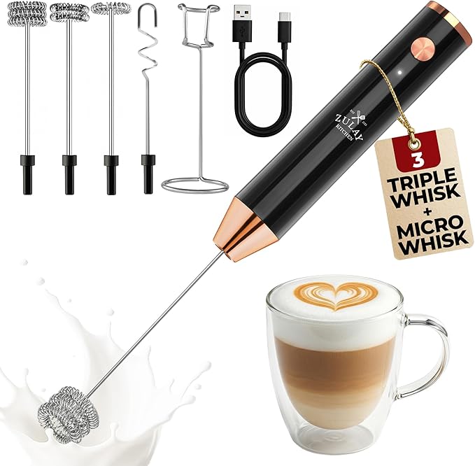 Zulay Kitchen Rechargeable Milk Frother Handheld - Frother Wand, Drink Mixer, Electric Whisk Frother, for Cappuccinos, Matcha & Protein Powder - Lux 4 Whisk 2 Speed Waterproof 2000mAh Black Copper