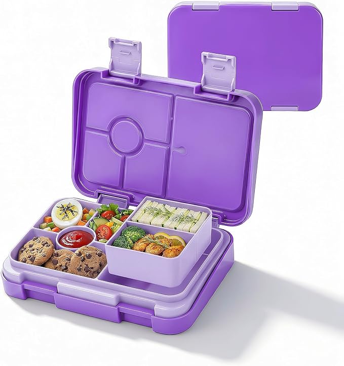 Bento Lunch Box for Kids, 5/6 Compartments, 3 Cups, Purple | Dishwasher Safe, Back to School Snack Bento Lunch Containers Boxes, Ideal Portion Sizes for On-the-Go Meal, Ages 3+, School
