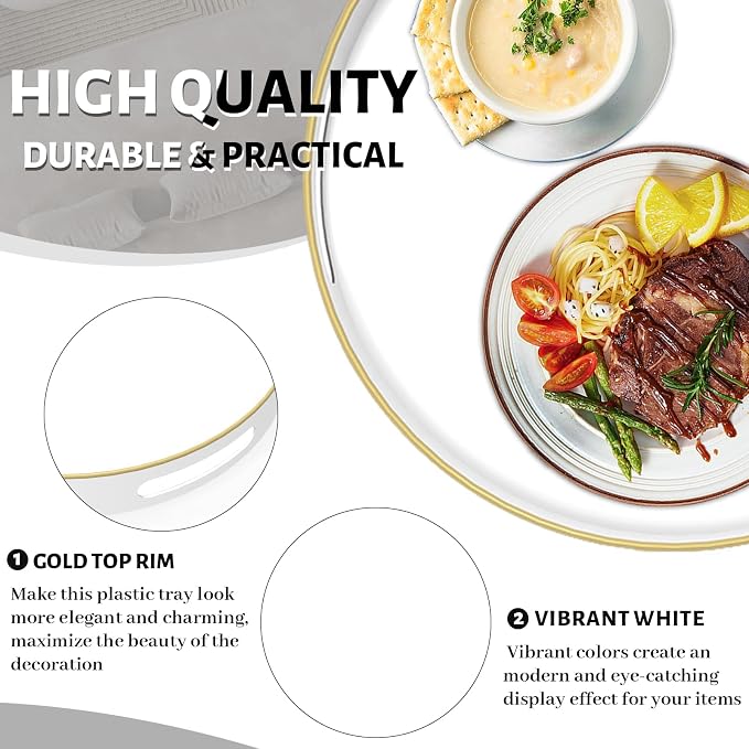 13" White Decorative Tray, Plastic Round Serving Tray with Handles | Decorative Tray for Coffee Table, Modern Ottoman Tray, Circle Tea Tray, Round Melamine Tray for Living Room, Bathroom