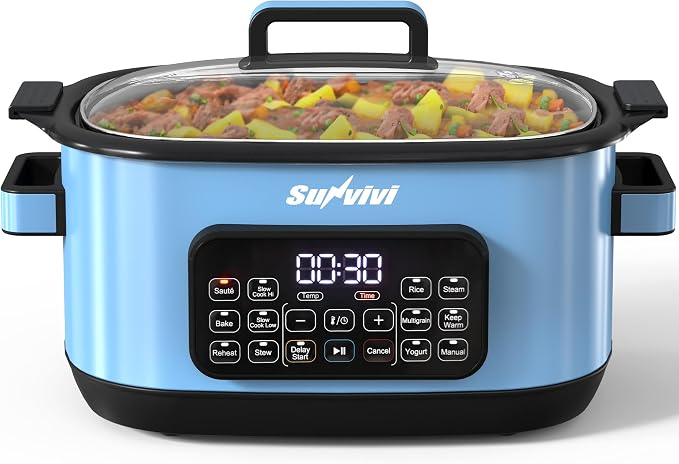 Sunvivi 12-in-1 Programmable Slow Cooker 6.5QT with Timer & Keep Warm | Multicooker with Timer & Temp Control, Dishwasher Safe Lid & Removable Nonstick Crock, Stainless Steel Rack, Blue