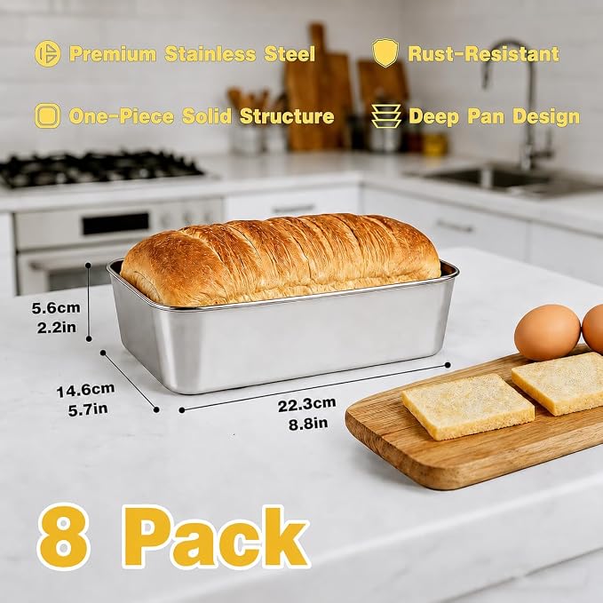 8 Pack Stainless Steel Loaf Pans, 8.8 x 5.7 Inch for Bread & Sourdough | Bread Baking Pans for Homemade Brownies, Sourdough, Meatloaf, Easy Release & Dishwasher Safe