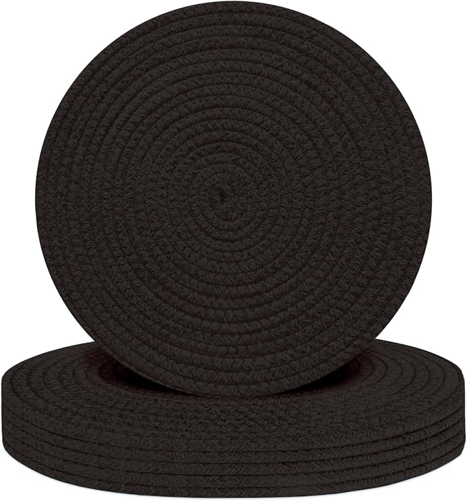 Round Placemats Set of 6, Cotton Rope Woven Table Mats, Hot Pads for Kitchen, Non Slip Heat Resistant Place Mats, 13 Inches Braided Placemat for Farmhouse Decor and Kitchen Table Decor (Black)