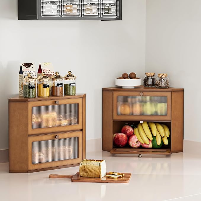 Trironsun Corner Bamboo Bread Box for Kitchen Counter Double Layer Bread Storage Container Large Capacity Bread Storage Bin with Wavy Arcylic Transparent Door (Brown)