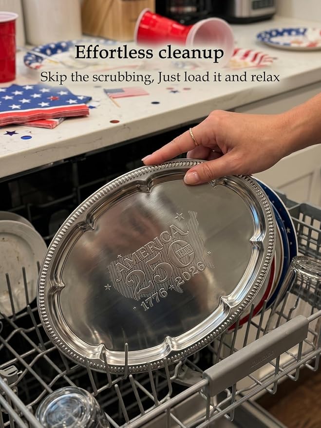 4 Pack 250th Anniversary USA Oval Silver Serving Trays with 4 US Toothpick Flags - 15.7" x 11.8" Stackable Mirror Platter, Floral Engraved Tableware for Fourth of July Party, BBQ, Food