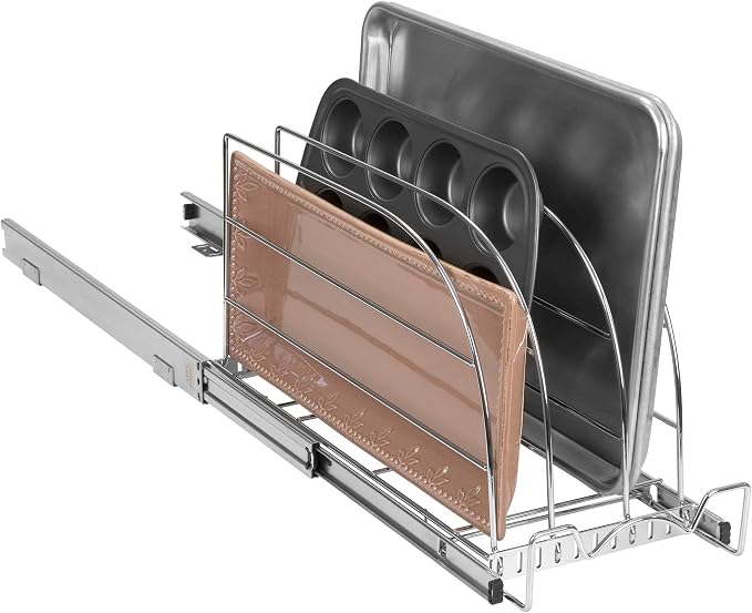 Pull Out Organizer for Bakeware, Cutting Board and Trays, 8.5"W x 21"D | Stores Cutting Board and Trays, Adjustable Dividers, Heavy Duty, Lifetime Limited Warranty - For Narrow Cabinet Spaces