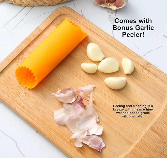 Garlic Press and Slicer 2 in 1 with Built-In Cleaner and Silicone Peeler, Convenient Kitchen Tool for Effortless Mincing and Slicing w/Bonus Garlic Peeler, Durable and Dishwasher Safe Aluminum Alloy