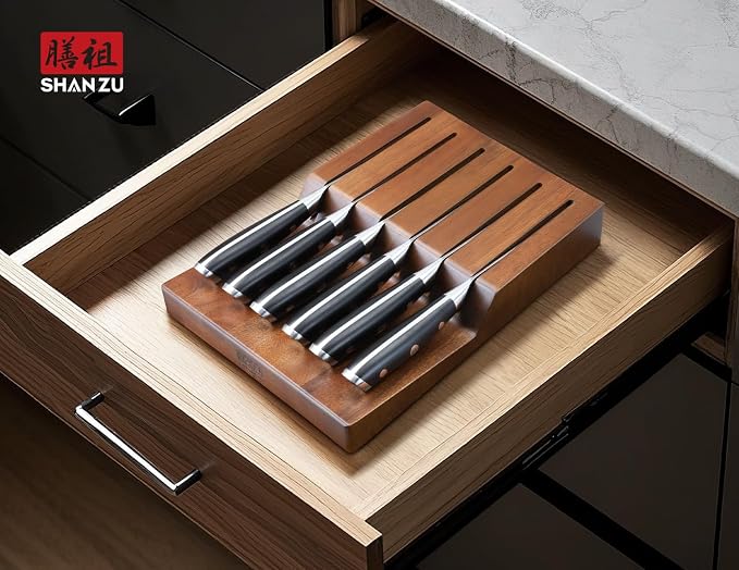 SHAN ZU Steak Knife of 7, 4.5 Inch Damascus Steak Knife Set with Block | Japanese High Carbon Steel Kitchen Serrated Knives Set with Ergonomic G10 Handle and Gift Box