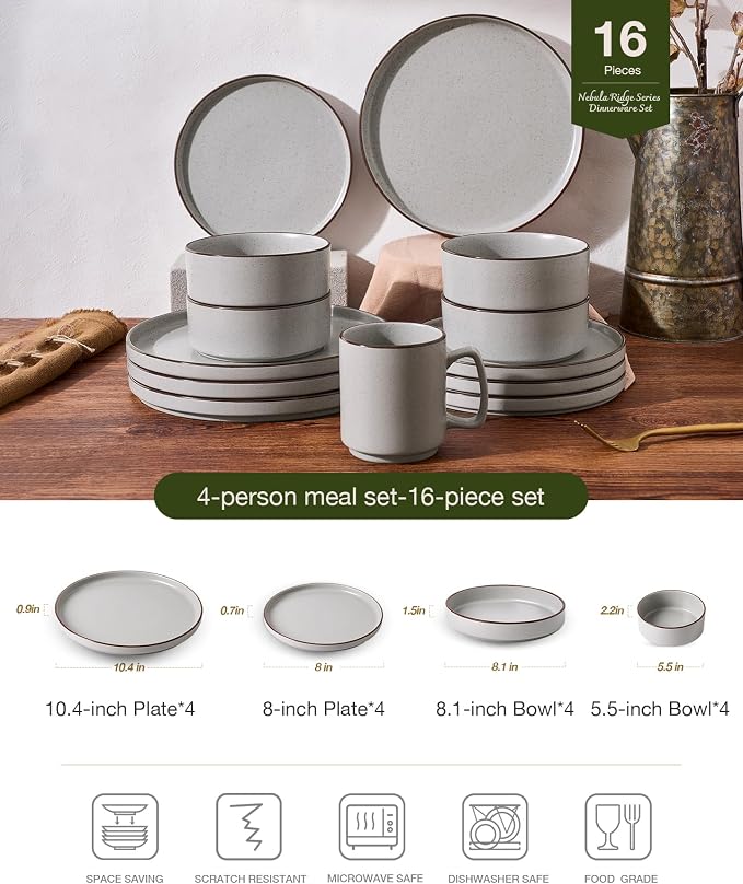 Famiware Nebula Ridge 16-Piece Dinnerware Set with Pasta Bowls, Light Gray | Stoneware Plates and Bowls for 4, Warm Hand-Painted Rims, Microwave and Dishwasher Safe
