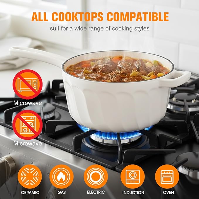 Enameled Cast Iron Sauce Pan with Lid, 2 Quart Saucepan with Lid | Dutch Oven with Lid, Small Cast Iron Pot for Cooking Pasta, Soup, Milk, Induction & Oven Safe Up to 500°F, White