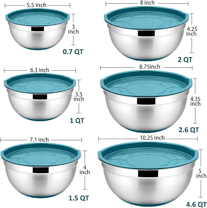 P&P CHEF Stainless Steel Mixing Bowls With Lids, Set of 6, Blue | Salad Nesting Mixing Bowls & Fitting Lids & Non-Slip Silicone Bottom, Ideal for Mixing, Storing, Size 0.7/1/1.5/2.5/3/4.6 Qt
