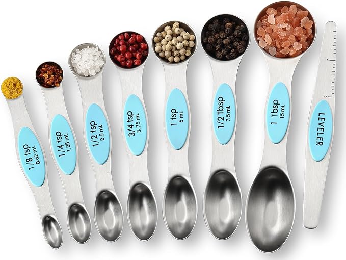 Spring Chef Magnetic Measuring Cups & Spoons Set of 16, Patented, Aqua Sky | Stackable Stainless Steel Measuring Cups & Heavy Duty Metal Measuring Spoons with Levelers for Dry & Liquid Ingredients