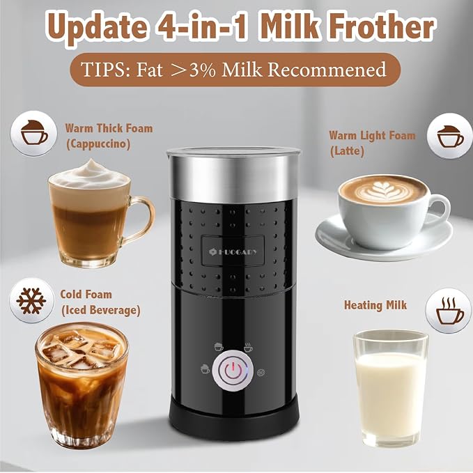 4 in 1 Milk Frother，Electric Milk Frother and Steamer 300ml，Fast Frothing | Stainless Steel Inner,Automatic Hot& Cold Foam Maker and Milk Warmer For Latte, Cappuccinos, Macchiato（Black）