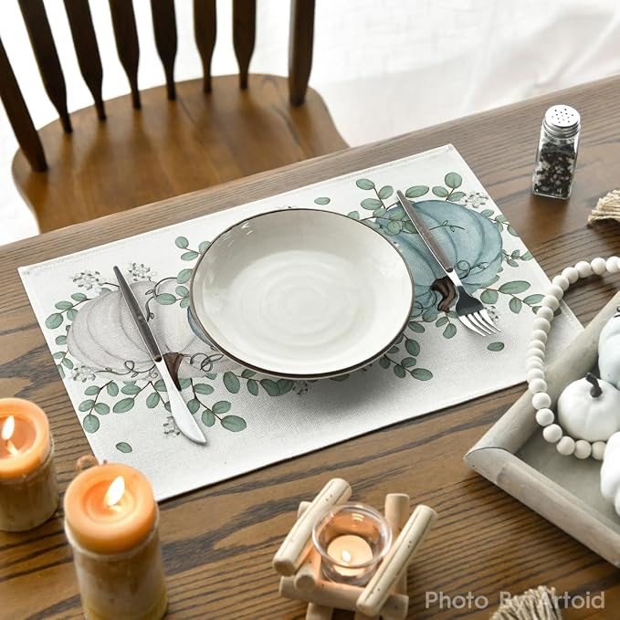 Artoid Mode Pumpkins Eucalyptus Leaves Fall Placemats Set of 6, 12x18 Inch Autumn Thanksgiving Holiday Table Mats for Party Kitchen Dining Decoration | Heat-Resistant Table Mats, Washable Seasonal Autumn Leaves Kitchen Dining Decor
