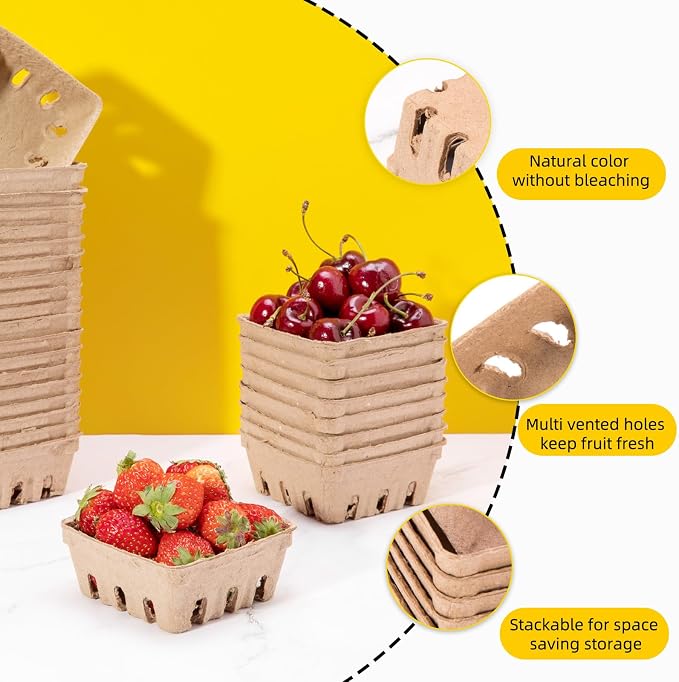PARBEE 60 Pack Pulp Fiber Berry Basket, 1/2 Pint Vented Containers for Strawberry Blueberry Raspberry Grape Cherry, Small Farmer Market Produce Basket Containers