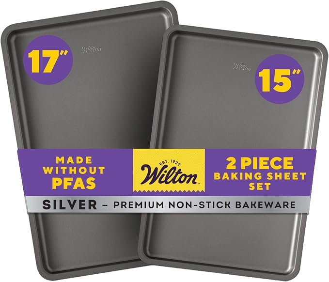 Wilton Silver Non-Stick Baking Sheet Set, Made Without PFAS, 2-Piece | Non-Stick Steel Bakeware Set, Dishwasher Safe with 5-Year Limited Warranty, Perfect for Cookies, Roasting & Sheet Baking