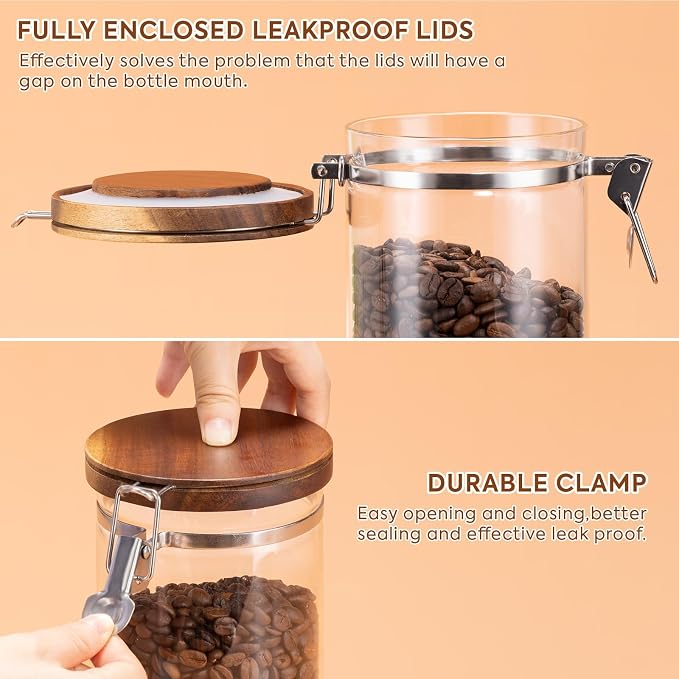 Coffee Canister with Shelf: 3P 45OZ Glass Airtight Coffee Holder | Large Capacity Coffee Container w/Acacia Scoop - Kitchen Food Storage Jar for Ground Coffee/Tea/Sugar/Cereal/Nuts/Coffee Bar