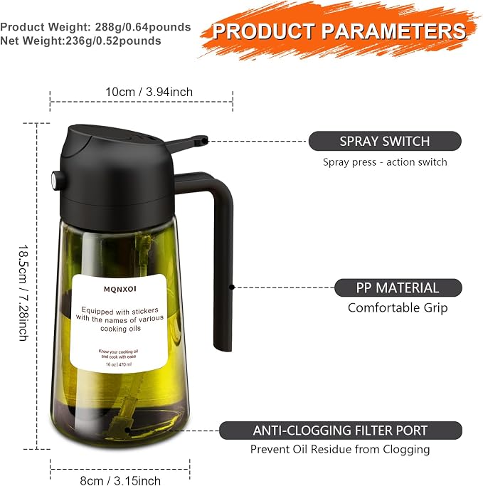 Olive Oil Sprayer for Cooking, 16oz Glass 2 in 1 Oil Dispenser Bottle | Light Blocking, BPA-Free Food Grade, Fine Mist Precise Control, Air Fryer BBQ Salad, Leakproof Anti-Clog, Pre-Printed Labels