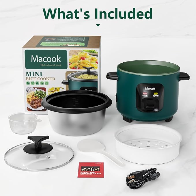 Macook Mini Rice Cooker | 6-Cup (0.6L) Small Rice Maker | One-Button Operation | Non-Stick Inner Pot | Automatic Keep Warm & Overheat-Proof | for 1-6 People, Students & Small Families (Green)