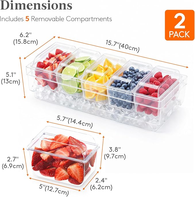 Lifewit Chilled Condiment Container 2Pcs, Individual Lids & Handle Design | Available with Spoons & Tongs, BPA-free Condiment Caddy with 5 Containers, Ice Garnish Tray for Taco, Mimosa & Dirty Soda Bar
