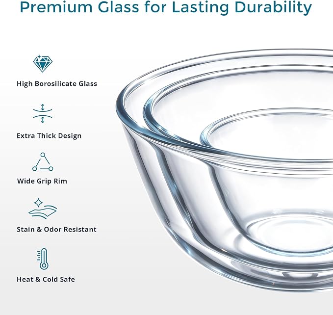 E-far Glass Mixing Bowls with Airtight Lids Set for Cooking Prep Serving | Thick Glass Salad Bowls, Large Clear Nesting Bowls for Storage Sourdough Proofing, Dishwasher Safe, 4.8,2.9,0.8 Qt, 3 Pack