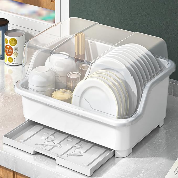 Plastic Dish Drying Rack with Clear Cover Lid, Dust-Proof | Desktop Plate Cup Dryer Holder with Lid Cover, Cutlery Utensil Dish Nursing Bottle Organizer for Tableware, Kitchen Cabinet