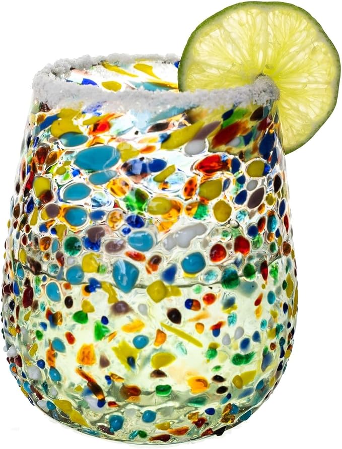 Confetti Dots Hand Blown Stemless Wine Glasses Set of 6 – Colorful Mexican Glassware – 16 oz Wine Glass – Hand Blown Mexican Drinking Glasses for Wine, Cocktails & Tequila