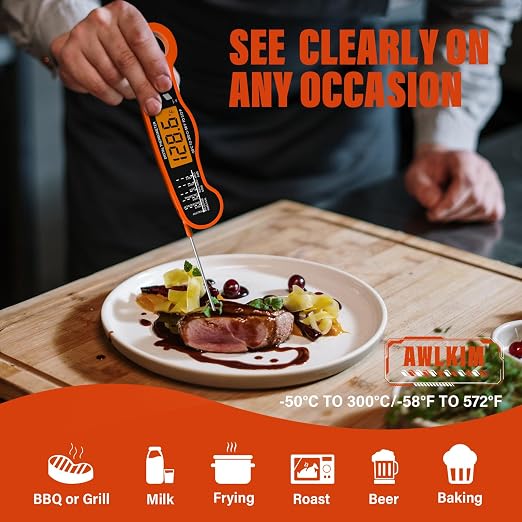AWLKIM Meat Thermometer Digital, Instant Read Food Thermometer, Orange | Waterproof cooking thermometer with doneness chart, backlight, F/C switch for BBQ, candy, oil