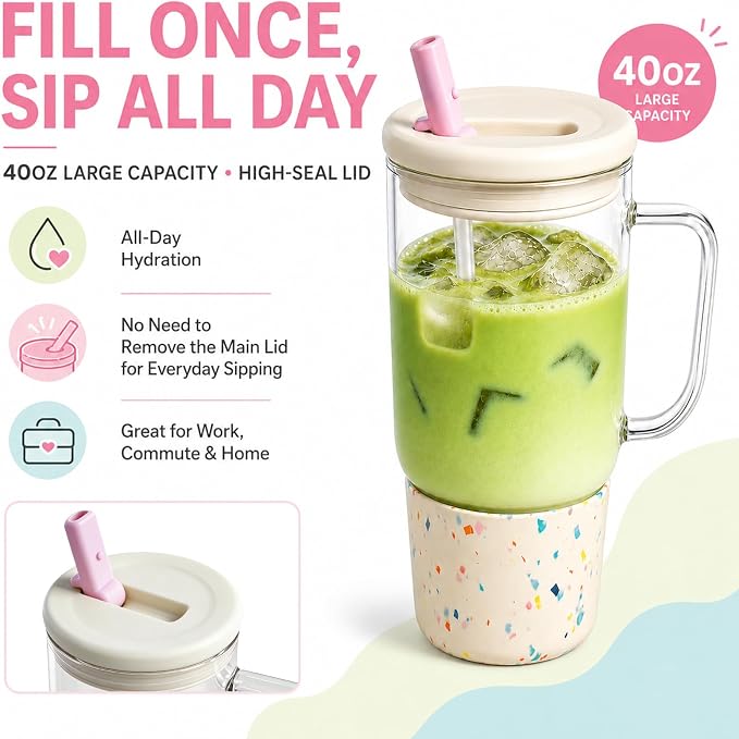 40oz Glass Tumbler with Flip Straw Lid, Handle, Silicone Sleeve, Beige | Leakproof Lid, Fits Car Cup Holder Glass for Iced Coffee, Water, Cold Drinks, Travel, Outdoor, Partys&Home