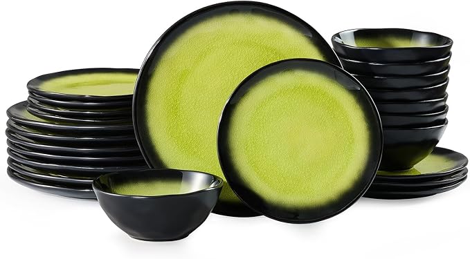 24-Piece Dinnerware Set for 8, Ice Crackle Glaze Plates & Bowls | Gradient Green to Black Ombre Dinner Dish Set, Microwave, Dishwasher & Oven Safe, Unique Holidays & Weddings Gift