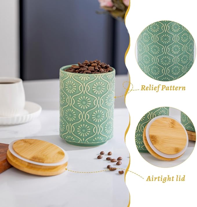 TEATALK Ceramic Canister with Airtight Lid, Cookie & Coffee Canister for Countertop, Food Storage Jar for Sugar, Tea, Matcha, Candy, Coffee Bean Container, Green,7.7"+5.7"