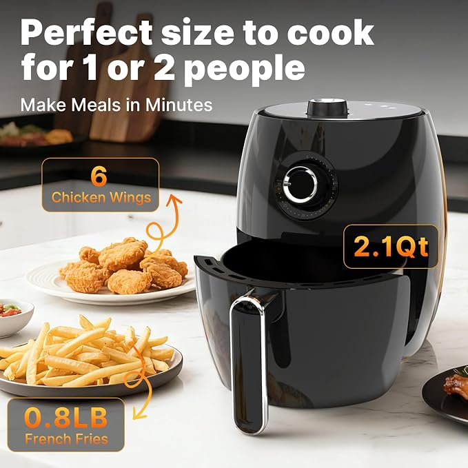 Compact Air Fryer Small, 2.1QT, 4-in-1 Small Mini Airfryer Compact, Bake, Roast, Reheat, 98% Less Oil, Adjustable Temperature & Timer, Quiet, Nonstick & Dishwasher Safe Basket, BPA-Free, Black