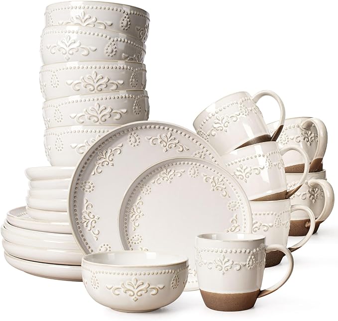 Plates And Bowls Sets, 24 Pieces Dinnerware Sets, Dish Set For 6, Ceramic Kitchen Bowl And Plate Set, Embossed White Dishware Sets, Dishwasher & Microwave Safe (Damask Floral) (With Mugs)