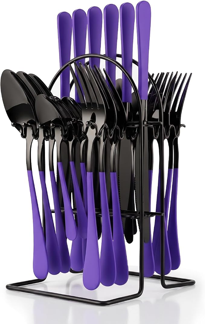 Black and Purple Flatware Set with Holder, 24-Piece Stainless Steel Silverware Set Service for 6, Mirror-Polished Spoons Forks Knives Cutlery Set for Home, Kitchen, Restaurant (Purple-Black)