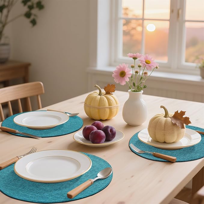 Cotton Linen 15 Inch Round Cloth Place mats, Set of 6, Teal | Washable Table Mats, Heat Resistant, Reversible, Wipeable Place Mats for Indoor Outdoor