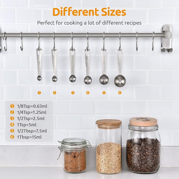 Measuring Spoons: U-Taste 18/8 Stainless Steel Measuring Spoons Set of 6 Piece: 1/8 tsp, 1/4 tsp, 1/2 tsp, 1 tsp, 1/2 tbsp & 1 tbsp Dry and Liquid Ingredients | Kitchen Metal Measure Set, Metric & US Measurements, 1/8tsp, 1/4tsp, 1/2tsp, 1tsp, 1/2tbsp,...