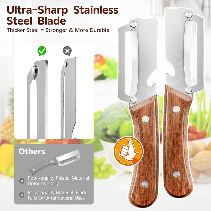 Left & Right Hand Vegetable Peeler Set with Bottle Opener, Thickened Stainless Steel Wide Blade for Smooth Peeling, Wooden Handle Kitchen Peeler for Fruits & Vegetables