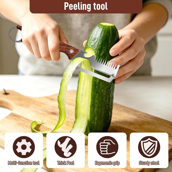 2Pack 3-in-1 Vegetable Peeler with Faux Wood Handle, Stainless Steel Julienne Peeler & Scallion Shredder with Built-In Bottle Opener, Kitchen Peeler for Potato, Carrot, Cucumber, Apple & Fruits