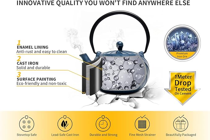 Tea Kettle, TOPTIER Japanese Cast Iron Teapot with Stainless Steel Infuser, Cast Iron Tea Kettle for Stove Top, Wave Design Teapot Coated with Enameled Interior for 30 Ounce (900 ml), Navy Blue