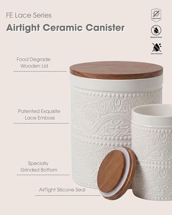 Ceramic Canister Sets for the Kitchen, Flour and Sugar Storage Containers, Coffee Canister with Airtight Lid for Countertops, Spices, and Food,(Lace Emboss)