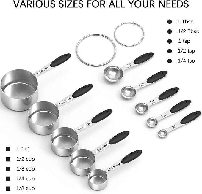 Stainless Steel Measuring Cups and Spoons Set with Silicone Handle – Nesting Design for Space-Saving, Heavy Duty & Dishwasher Safe for Dry/Liquid Ingredients, Cooking & Baking (10)