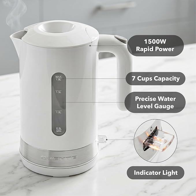 OVENTE 1.8L Electric Kettle with 1500W Fast Boiling Heater, White KP413W | Best For Coffee or Tea, BPA-Free, Easy-Fill Lid, Water Level Window, Auto Shut-Off & Boil-Dry Protection, Removable Filter
