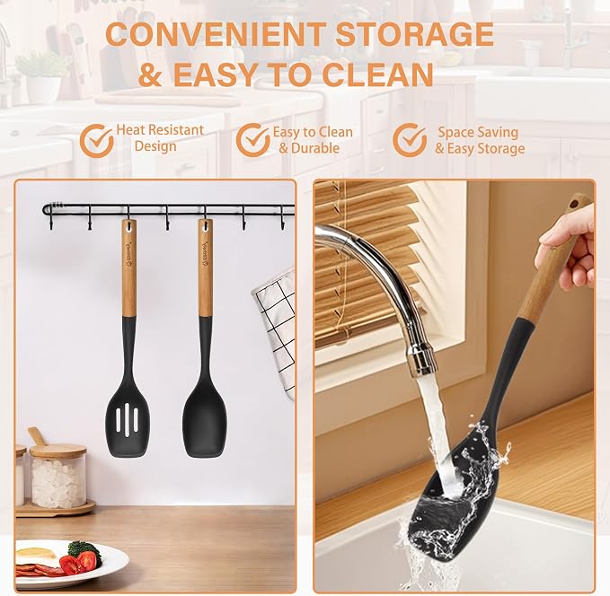 4PCS Silicone Cooking Utensils Set, Large Nonstick Spatula Spoons Set with Wooden Handle, Silicone Cooking Spatula Set, Heat Resistant Solid and Slotted Turners, Serving Spoon(Black)