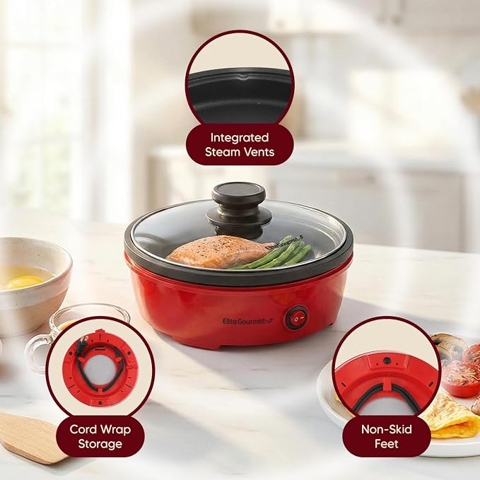 Elite Gourmet EGL-6101 Stir Fry Griddle Pan, 650W Non-Stick Skillet, Red | Rapid Heat-Up, Tempered Glass Lid for Easy Monitoring, Compact Personal-Size, Ideal for Pancakes & Eggs