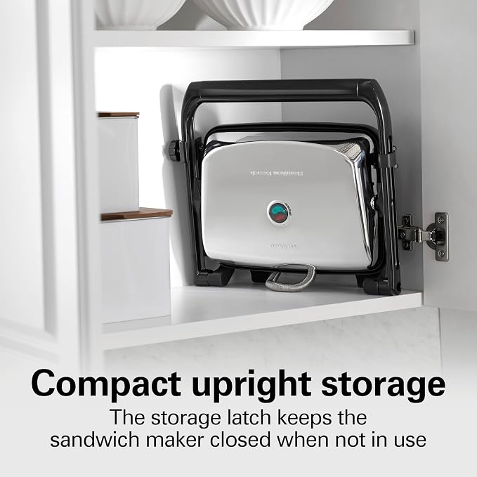 Hamilton Beach Panini Press, Sandwich Maker & Electric Indoor Grill | Floating Hinge Evenly Cooks Any Sandwich | Locking Lid | PFAS-Free Non-Stick 8" x 10" Grids | Chrome