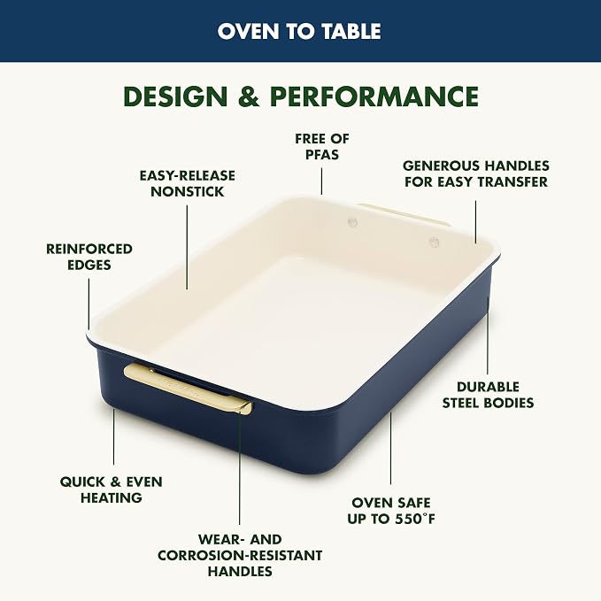 GreenPan Bakeware 13” x 9” Rectangular Cake Pan, Ceramic Nonstick Baking Pan, PFAS & BPA Free, Gold Handles, Durable Steel, Freezer to Oven Dish, Scratch Resistant, Bake & Roast Ovenware, Oxford Blue
