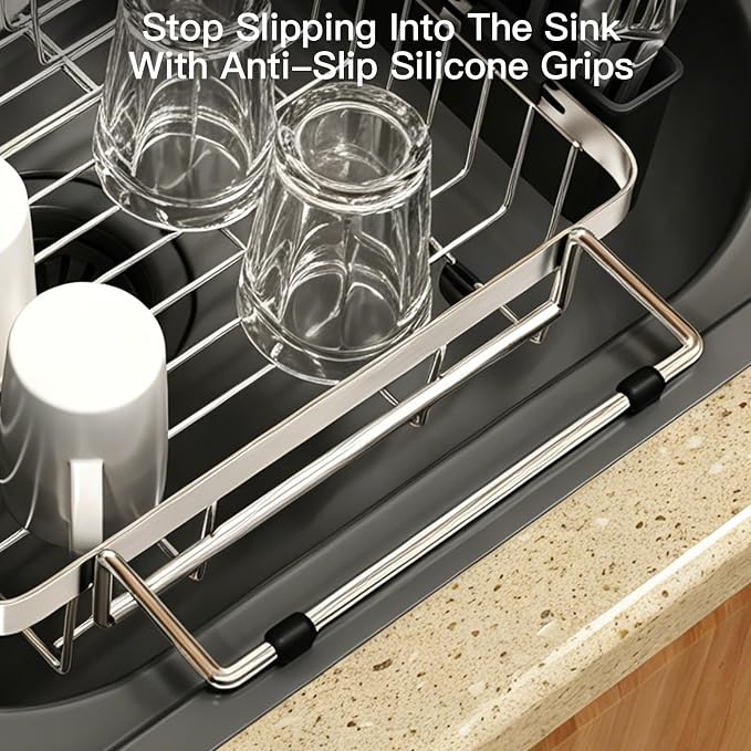 Dish Drying Rack Over The Sink with Utensil Holder, Mat | Expandable Stainless Steel Dish Drainer for Small Kitchen, Apartment, RV, Counter Space Saving, Perfect Fit, Rustproof