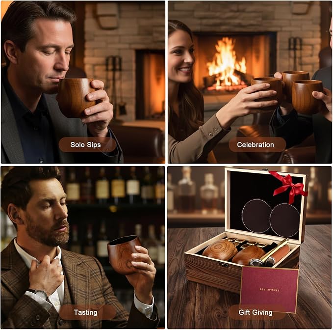 Charred Wooden Bourbon Drinking Glass Wooden Whiskey Glasses Set of 2 Complete Whiskey Gift Set Old Fashioned Glass Bourbon Gifts for Men (Gold Accents)
