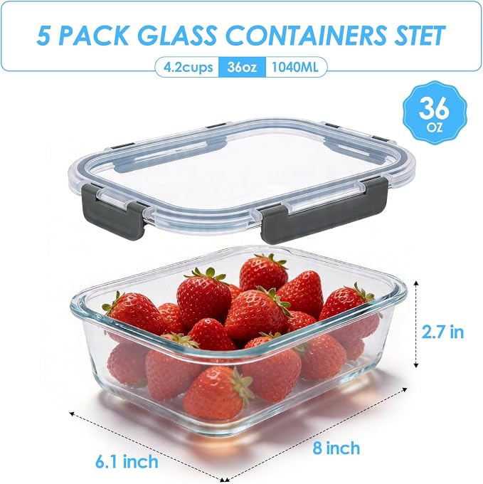 5-Pack 36oz Glass Food Storage Containers with Lids, Grey | Glass Meal Prep Food Container Sets, Airtight, Reusable, Leak-Proof, Microwave Oven Freezer Dishwasher Safe