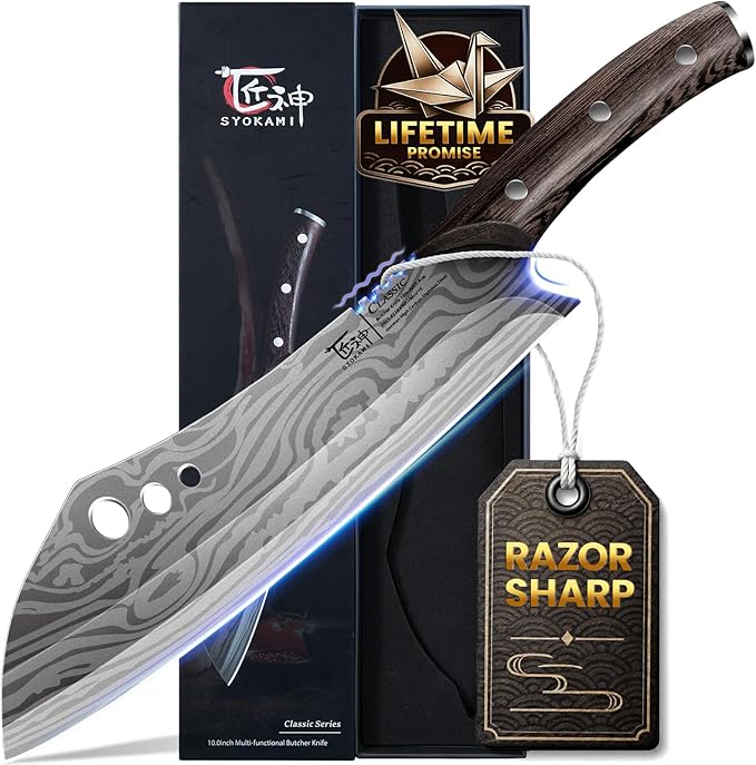 Butcher knife for Meat Cutting, 10 Inch Cleaver with Herb Stripper | Japanese Style High Carbon Steel Kitchen Chef Knife for Chopping & Slicing, Full Tang Wood Handle, Damascus Pattern